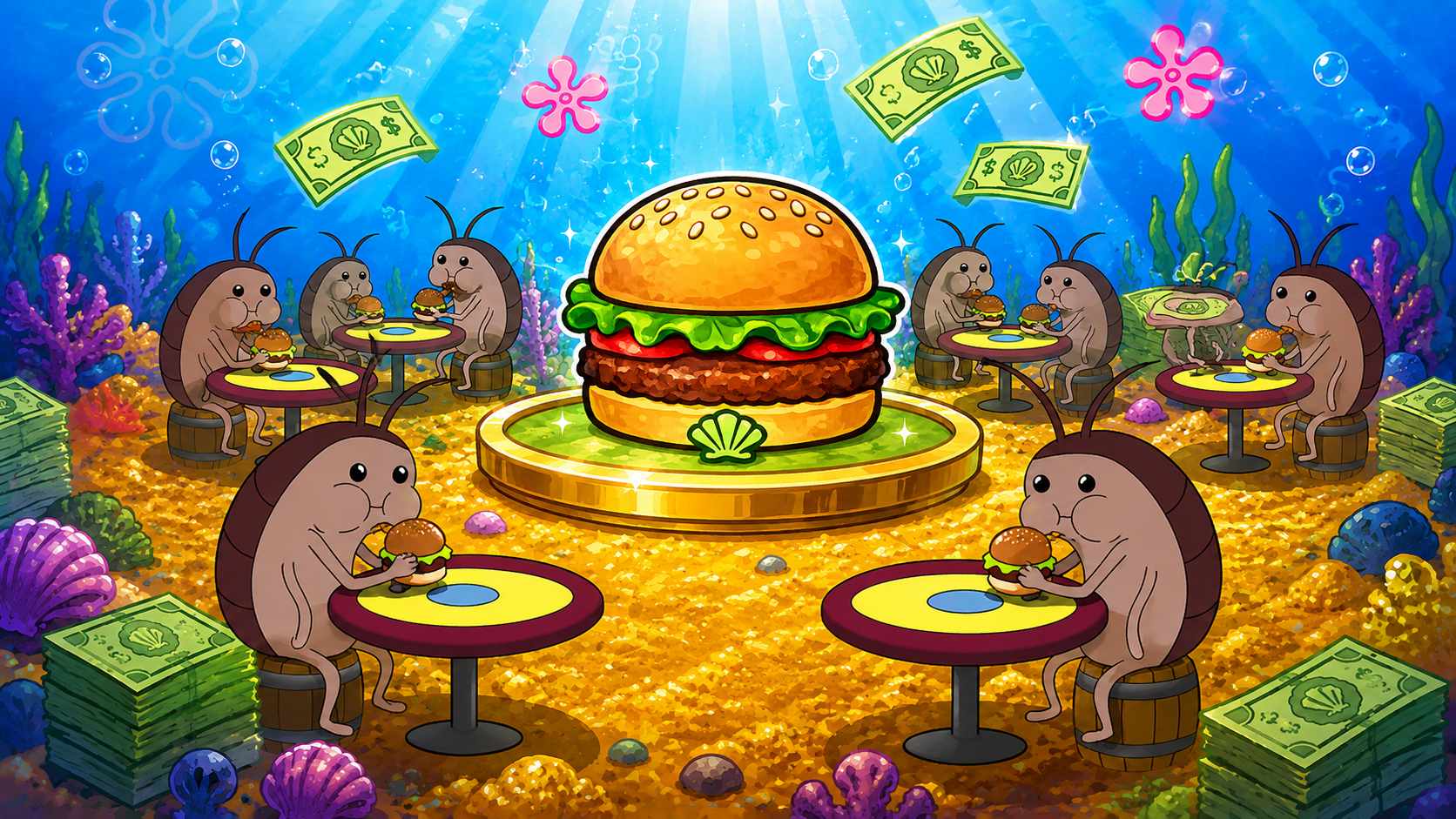 A crowd of hermit crabs seated at tables eating Crabsburgers around a golden pedestal holding a giant Crabsburger, on a floor of gold coins and shell-money