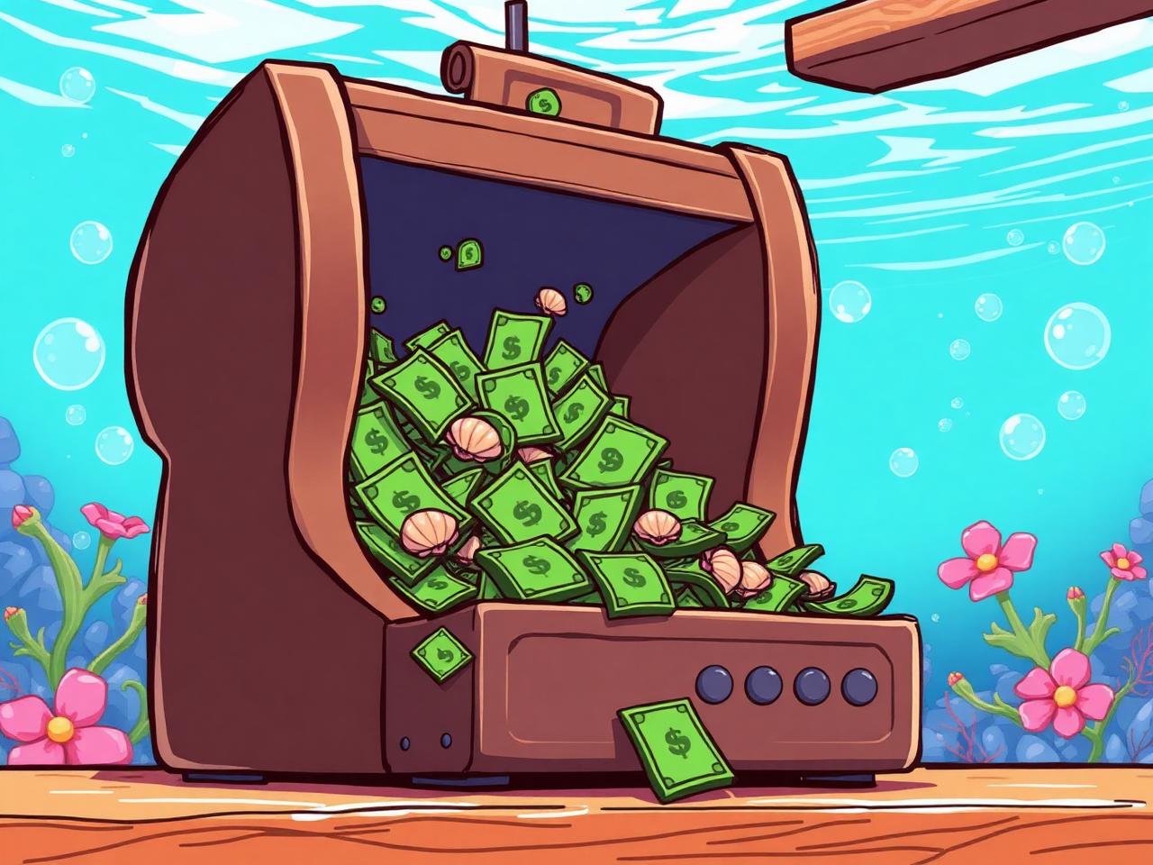 An open treasure chest overflowing with green shell-money bills underwater